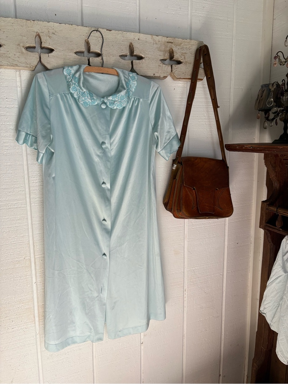 Vintage Light Blue Nightgown with Lace Collar Nylon Medium